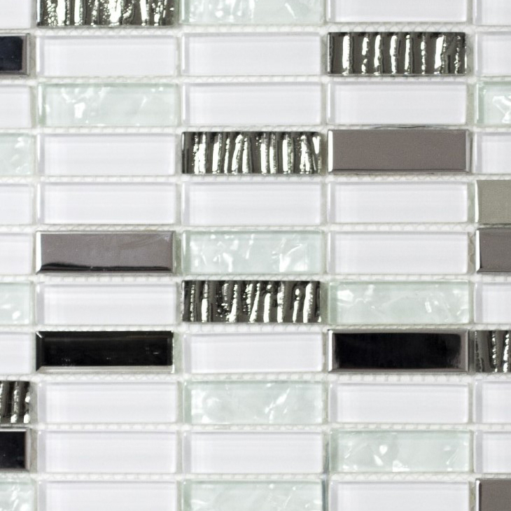 Piastrella di mosaico dipinta a mano Aste traslucide in acciaio inox bianco Mosaico di vetro Acciaio cristallo bianco MOS87-0102_m