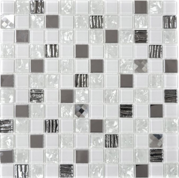 Piastrella di mosaico dipinta a mano Backsplash di piastrelle Acciaio inox traslucido bianco Mosaico di vetro Acciaio cristallo bianco Vetro MOS63-CM-424_m