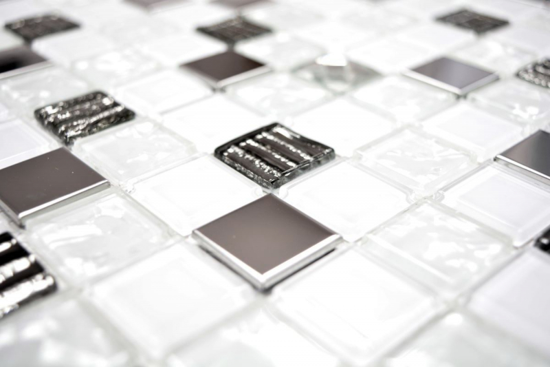 Piastrella di mosaico dipinta a mano Backsplash di piastrelle Acciaio inox traslucido bianco Mosaico di vetro Acciaio cristallo bianco Vetro MOS63-CM-424_m