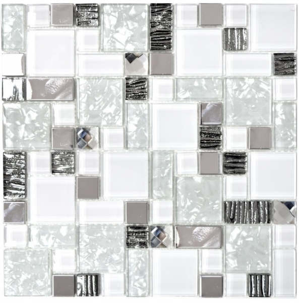 Piastrella di mosaico traslucida acciaio inox bianco combinazione di vetro MOS88-01699_f | 10 tappetini di mosaico