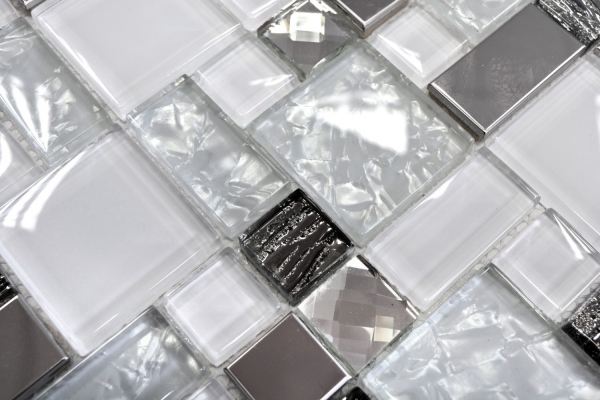 Piastrella di mosaico traslucida acciaio inox bianco combinazione di vetro MOS88-01699_f | 10 tappetini di mosaico