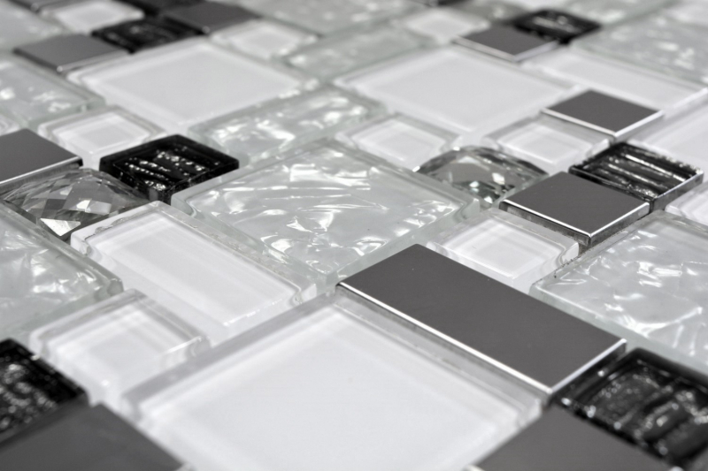 Piastrella di mosaico traslucida acciaio inox bianco combinazione di vetro MOS88-01699_f | 10 tappetini di mosaico