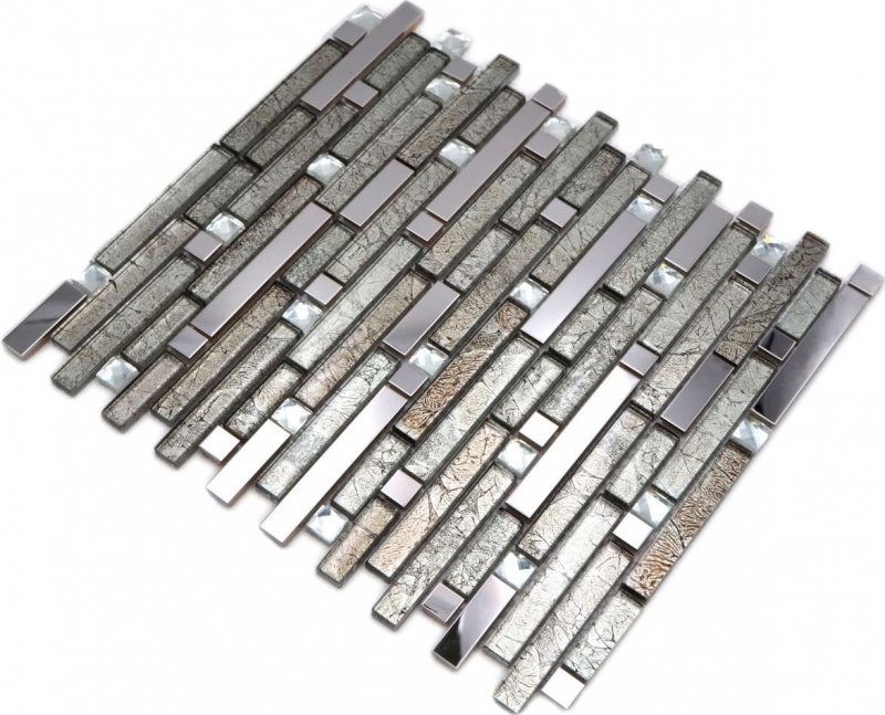 Aste di mosaico in vetro tessere di mosaico in acciaio inox bianco crema argento MOS86-0106