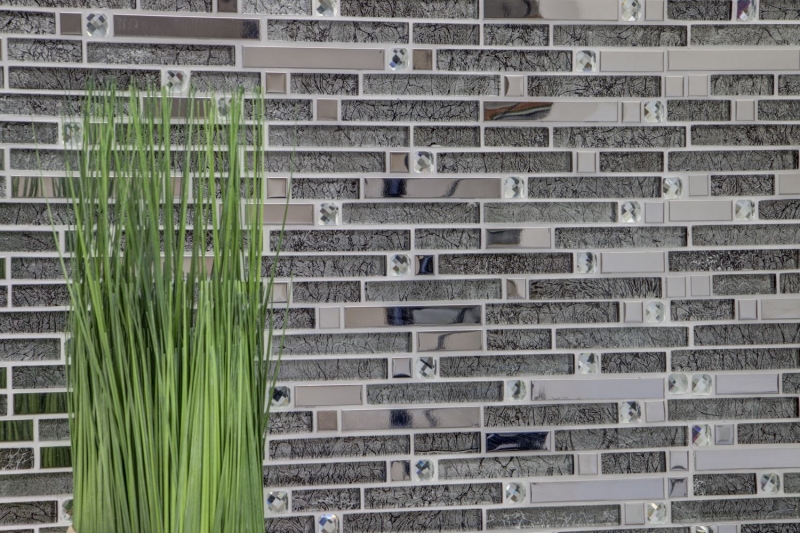 Aste di mosaico in vetro tessere di mosaico in acciaio inox bianco crema argento MOS86-0106