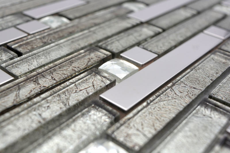 Aste di mosaico in vetro tessere di mosaico in acciaio inox bianco crema argento MOS86-0106