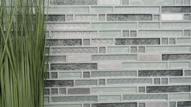 Aste di mosaico in vetro tessere di mosaico in acciaio inox bianco grigio argento MOS87-MV698