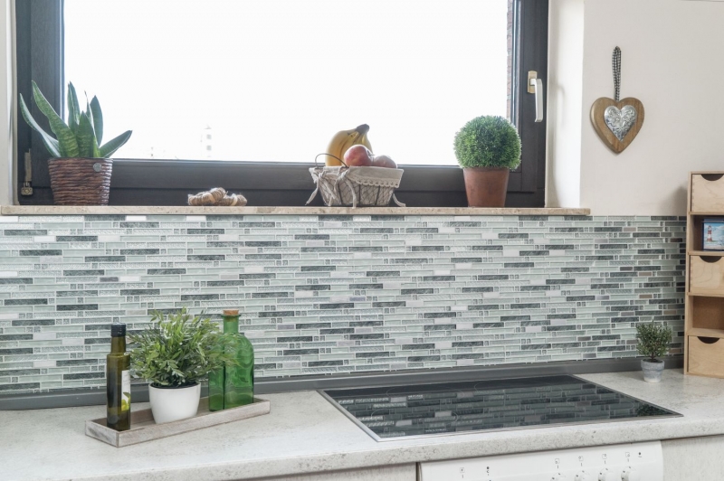 Aste di mosaico in vetro tessere di mosaico in acciaio inox bianco grigio argento MOS87-MV698