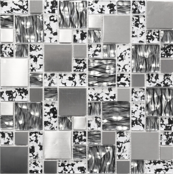 Piastrella di mosaico decorata a mano Backsplash di piastrelle Combinazione traslucida di acciaio inox nero argento Mosaico di vetro Struttura in acciaio cristallo nero MOS88-0203_m