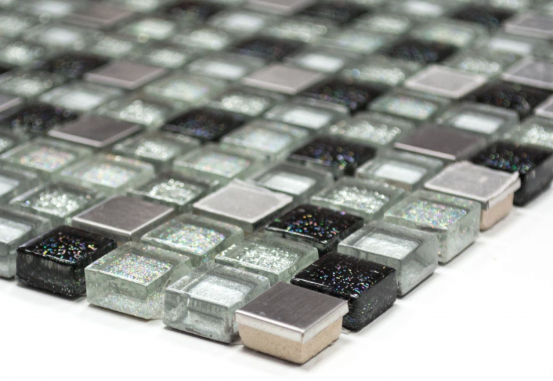 Piastrella di mosaico dipinta a mano Backsplash di piastrelle Acciaio inox traslucido argento nero Mosaico di vetro Acciaio cristallo argento nero MOS92-0207_m