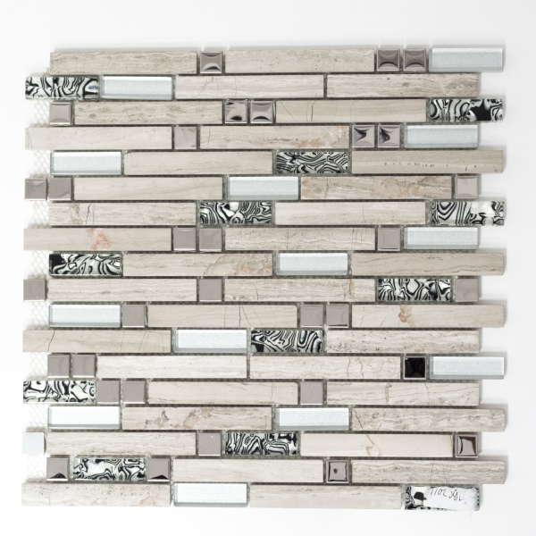 Mosaico di vetro pietra naturale tondini mosaico acciaio inox argento chiaro beige grigio bianco rivestimento parete cucina - MOS86-0108