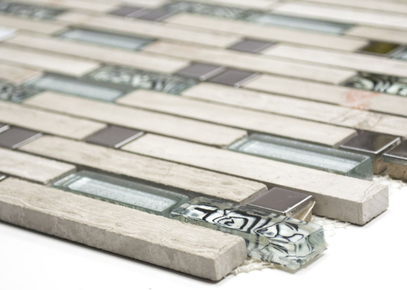 Piastrella di mosaico traslucida acciaio inox bianco legno composito mosaico di vetro Pietra di cristallo acciaio legno bianco MOS86-0108_f