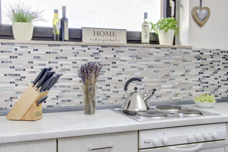 Mosaico di vetro pietra naturale tondini mosaico acciaio inox argento chiaro beige grigio bianco rivestimento parete cucina - MOS86-0108