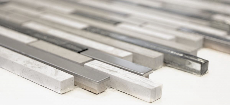 Piastrella di mosaico traslucida acciaio inox bianco legno composito mosaico di vetro Pietra di cristallo acciaio legno bianco MOS86-SV85_f