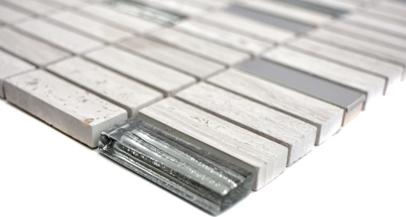 Piastrella di mosaico Aste traslucide in acciaio inox grigio bianco Mosaico di vetro Pietra di cristallo Acciaio legno bianco MOS87-2002_f