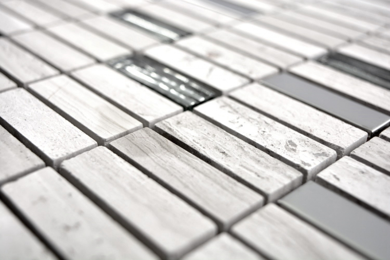 Piastrella di mosaico Aste traslucide in acciaio inox grigio bianco Mosaico di vetro Pietra di cristallo Acciaio legno bianco MOS87-2002_f