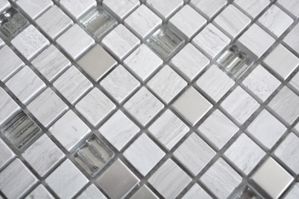 Piastrella di mosaico Acciaio inox traslucido grigio bianco Mosaico di vetro Pietra di cristallo Acciaio legno bianco MOS92-2002_f