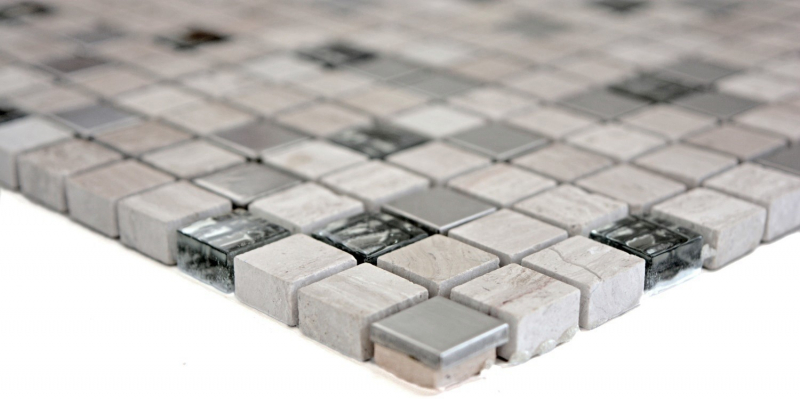 Piastrella di mosaico Acciaio inox traslucido grigio bianco Mosaico di vetro Pietra di cristallo Acciaio legno bianco MOS92-2002_f