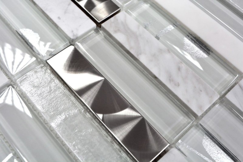 Piastrelle rettangolari in vetro mosaico acciaio inox pietra naturale bianco argento piastrelle backsplash doccia parete bagno WC - MOS87-11X