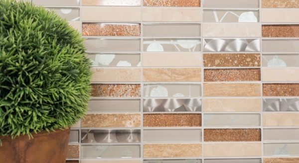 Striscia di mosaico piastrelle di vetro mosaico in acciaio inox pietra naturale beige crema marrone piastrelle backsplash bagno parete WC - MOS87-52X