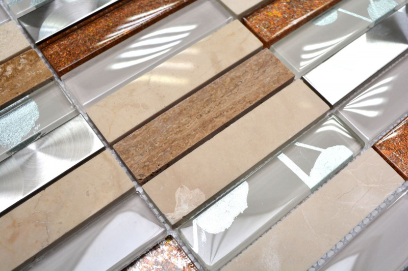 Striscia di mosaico piastrelle di vetro mosaico in acciaio inox pietra naturale beige crema marrone piastrelle backsplash bagno parete WC - MOS87-52X