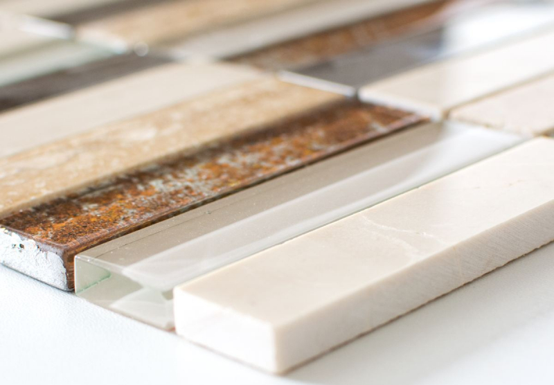 Striscia di mosaico piastrelle di vetro mosaico in acciaio inox pietra naturale beige crema marrone piastrelle backsplash bagno parete WC - MOS87-52X