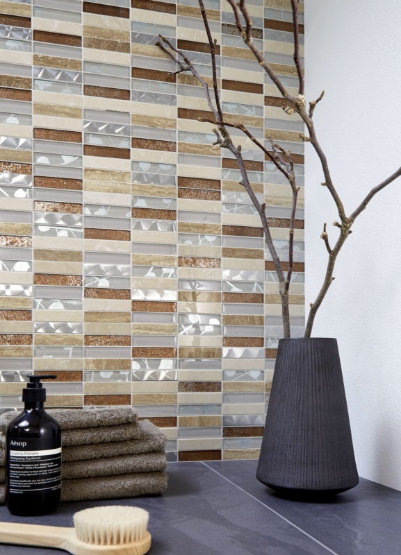Striscia di mosaico piastrelle di vetro mosaico in acciaio inox pietra naturale beige crema marrone piastrelle backsplash bagno parete WC - MOS87-52X