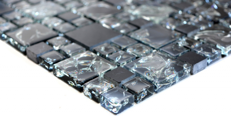 Piastrella di mosaico dipinta a mano Mosaico di vetro combinato nero traslucido Pietra di cristallo nera MOS92-HQ14_m