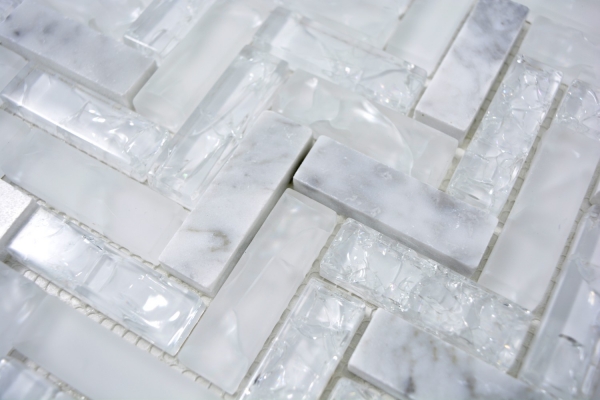 Mosaico dipinto a mano a spina di pesce bianco traslucido Mosaico in vetro Crystal stone bianco MOS87HB-0111_m