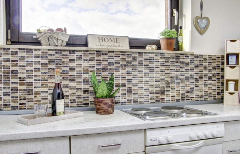 Mosaico rettangolare tessere di vetro mosaico rotto marmo pietra naturale marrone scuro beige parete bagno cucina WC - MOS87-S1255