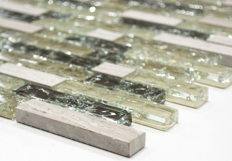 Piastrella di mosaico campionata a mano Rivestimento traslucido grigio-verde Mosaico di vetro composito Pietra di cristallo grigio-verde MOS87-V1352_m