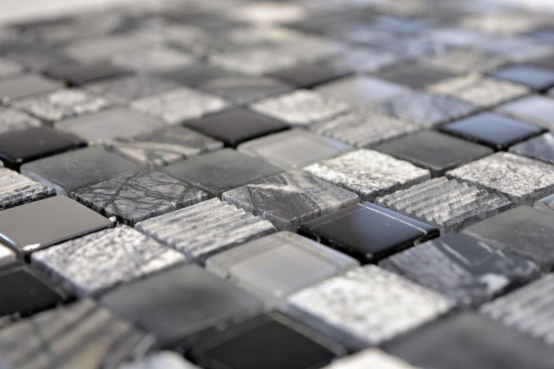 Piastrella di mosaico dipinta a mano Backsplash di piastrelle Traslucido grigio nero Mosaico di vetro Pietra di cristallo EP grigio nero argento MOS83-HQ24_m