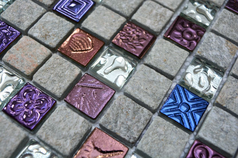Piastrella di mosaico decorata a mano Backsplash di piastrelle Grigio traslucido Mosaico di vetro Design in pietra di cristallo Grigio quarzite MOS83-CR37_m