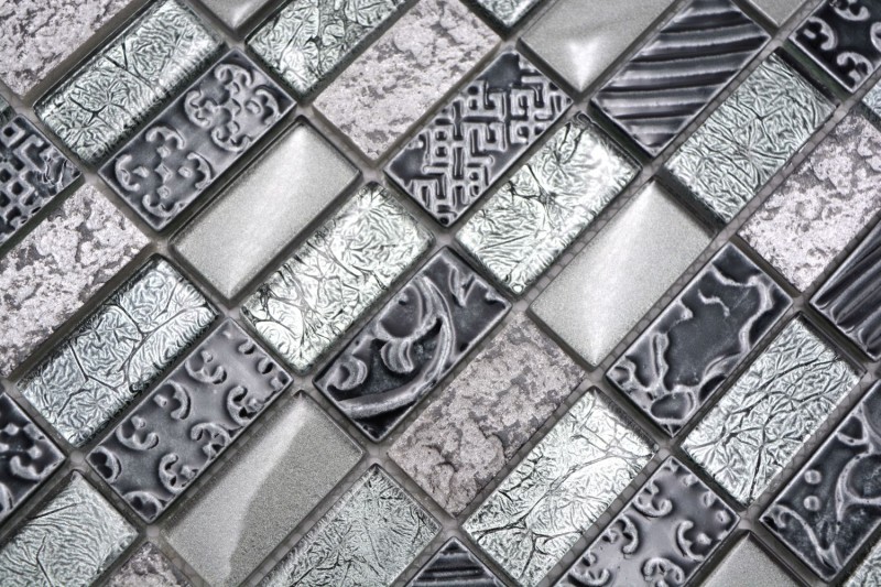 Piastrelle rettangolari in vetro mosaico pietra retrò argento antracite struttura rivestimento cucina piastrelle WC - MOS83-CRS2