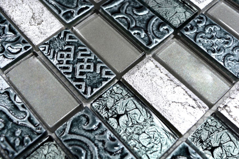 Piastrelle rettangolari in vetro mosaico pietra retrò argento antracite struttura rivestimento cucina piastrelle WC - MOS83-CRS2