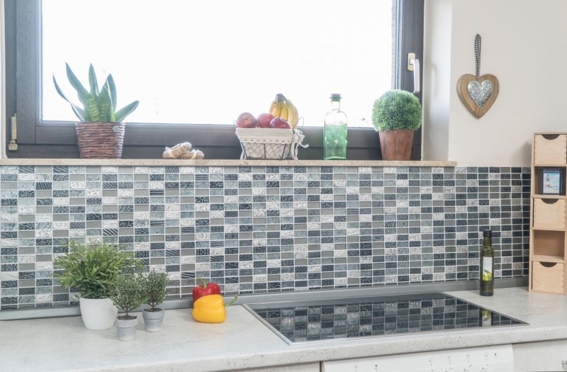 Piastrelle rettangolari in vetro mosaico pietra retrò argento antracite struttura rivestimento cucina piastrelle WC - MOS83-CRS2