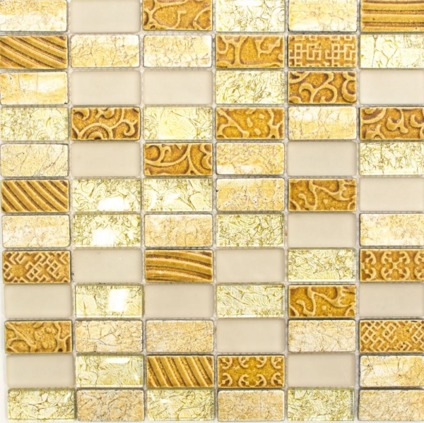 Piastrelle rettangolari in vetro mosaico pietra retrò oro beige crema struttura rivestimento cucina bagno - MOS83-CRS4