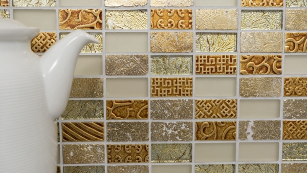Piastrelle rettangolari in vetro mosaico pietra retrò oro beige crema struttura rivestimento cucina bagno - MOS83-CRS4