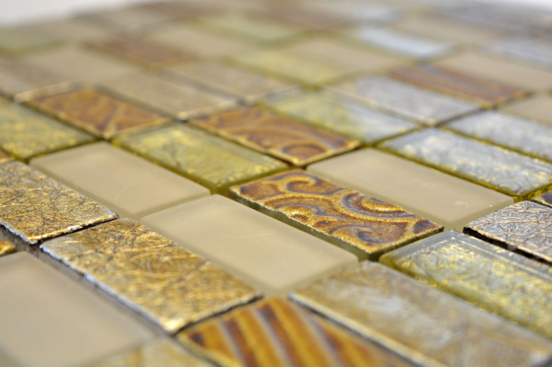 Piastrelle rettangolari in vetro mosaico pietra retrò oro beige crema struttura rivestimento cucina bagno - MOS83-CRS4