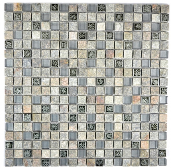 Piastrella di mosaico Mosaico di vetro grigio traslucido Pietra di cristallo Quarzite grigia resinata MOS92-02M7_f