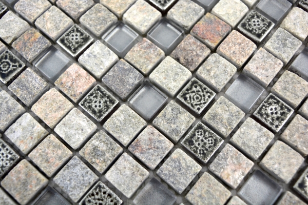 Piastrella di mosaico Mosaico di vetro grigio traslucido Pietra di cristallo Quarzite grigia resinata MOS92-02M7_f