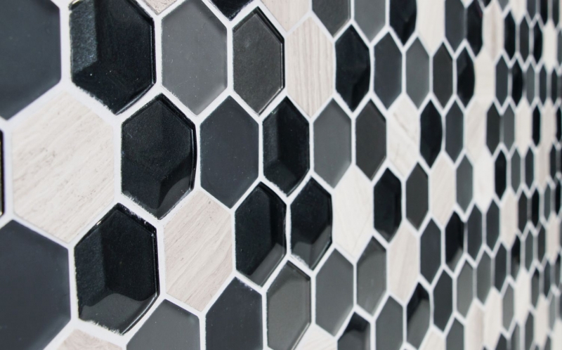Piastrella di mosaico decorata a mano Backsplash di piastrelle Grigio traslucido Mosaico di vetro esagonale Pietra di cristallo 3D grigio MOS11D-22_m
