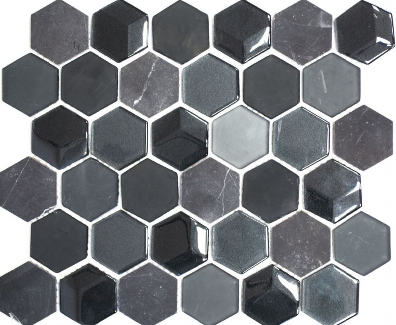 Piastrella di mosaico decorata a mano Backsplash di piastrelle Nero traslucido Mosaico di vetro esagonale Pietra di cristallo 3D nero MOS11D-33_m