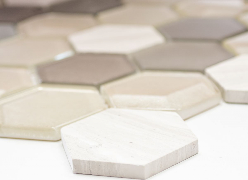 Piastrella di mosaico dipinta a mano Backsplash di piastrelle grigio chiaro traslucido Mosaico di vetro esagonale Pietra di cristallo 3D grigio chiaro MOS11D-44_m