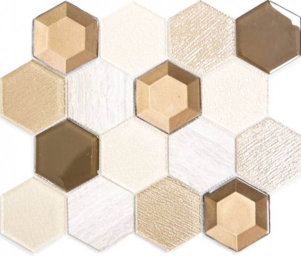 Piastrella di mosaico dipinta a mano Beige traslucido Mosaico di vetro esagonale Pietra di cristallo 3D beige MOS11E-77_m