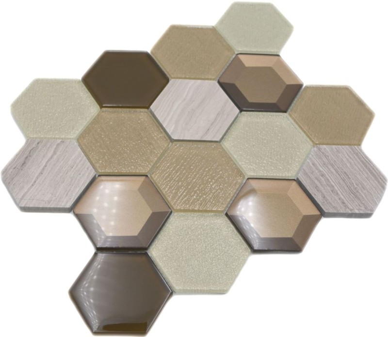 Mosaico di vetro esagonale in pietra naturale beige crema bronzo marmo alzatina parete bagno WC - MOS11E-77