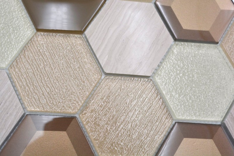 Mosaico di vetro esagonale in pietra naturale beige crema bronzo marmo alzatina parete bagno WC - MOS11E-77