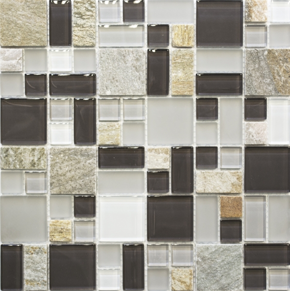 Piastrella di mosaico campione dipinta a mano Rivestimento traslucido grigio marrone Combinazione di mosaico di vetro Pietra di cristallo grigio marrone MOS88-0206_m