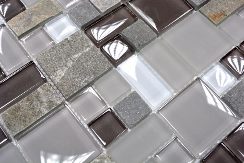 Piastrella di mosaico campione dipinta a mano Rivestimento traslucido grigio marrone Combinazione di mosaico di vetro Pietra di cristallo grigio marrone MOS88-0206_m
