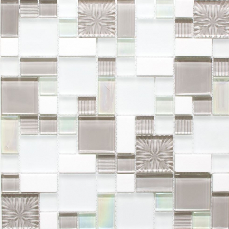 Piastrella di mosaico dipinta a mano Backsplash di piastrelle Traslucido bianco grigio Combinazione di mosaico di vetro Pietra di cristallo bianco grigio bianco opaco MOS88-MC659_m