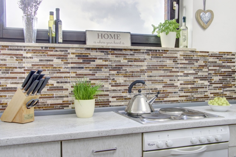 Mosaico di vetro pietra naturale aste di vetro mosaico piastrelle beige crema marrone marmo piastrelle backsplash cucina bagno WC - MOS86-1302